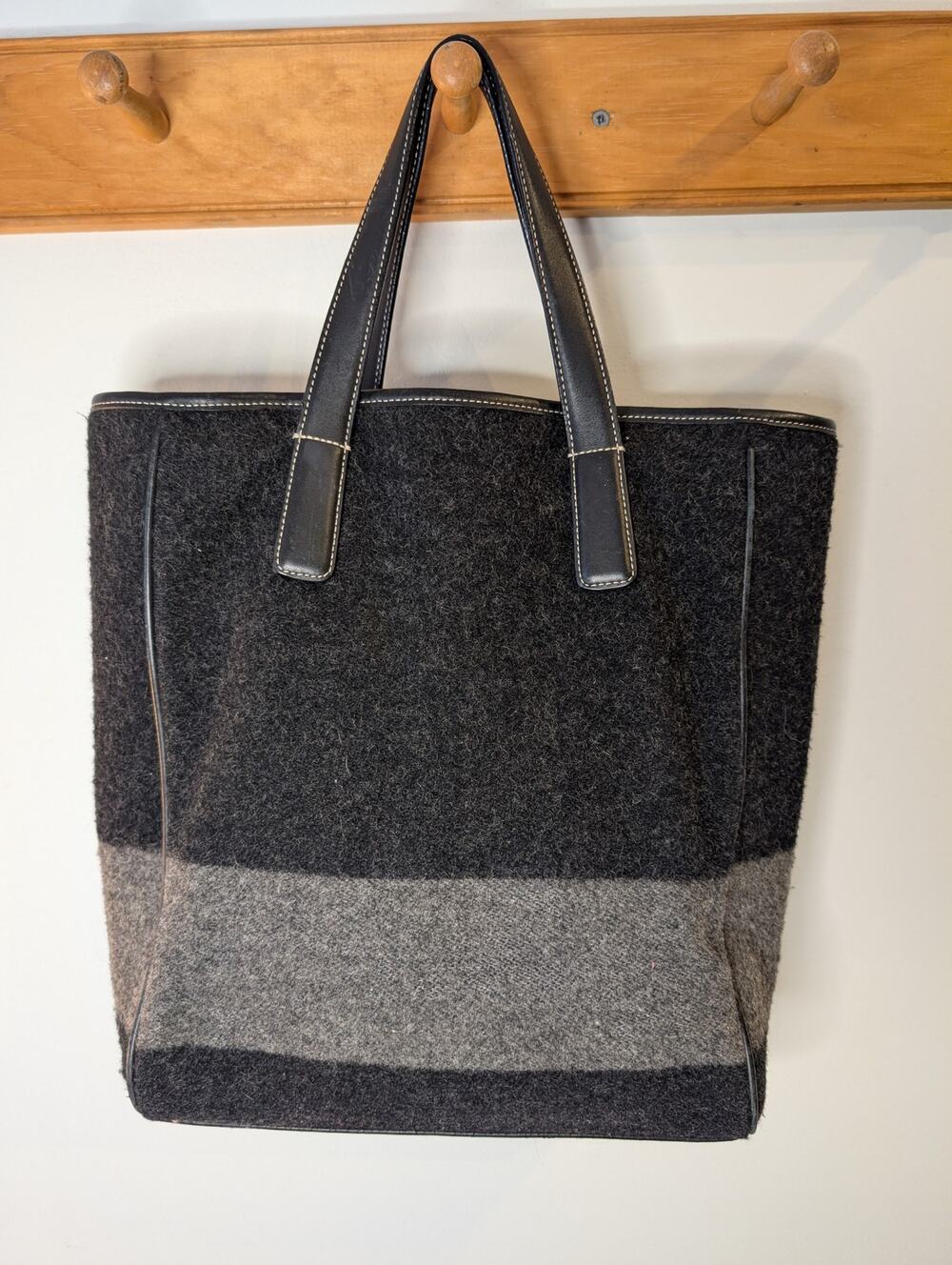 Vintage Coach Gray Black Wool Felt Leather Tote Bag Colorblock Fall Winter